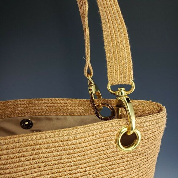 Woven Paper Straw w Metal Trim Purse Tote Beach Bag Green Pink Tan Footed Lined - Picture 6 of 11